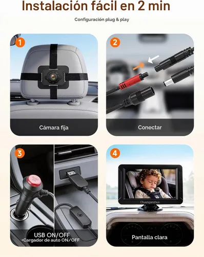 Vista 7 de S100C - Cámara de coche para bebé alimentada por USB, visión nocturna cristalina para asiento trasero para bebé, ajuste de brillo y monitor IPS