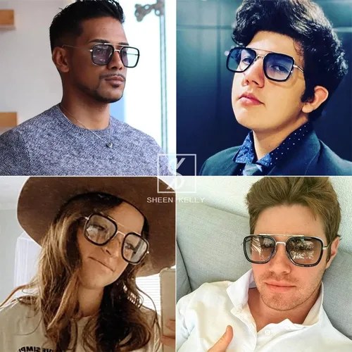 Vista 2 de SHEEN KELLY Trendy Square Pilot Sunglasses Men Women Vintage Rectangular Metal Frame Shades Eye Glasses Tony Stark