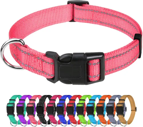 Vista 34 de TagME Collares de nailon reflectantes para perros, collar ajustable clásico para mascotas con hebilla de liberación rápida para cachorros, rosa Rosa