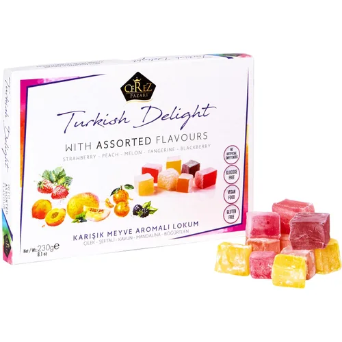 Vista 10 de Cerez Pazari - Delicia turca con sabores de fresa, melocotón, melón, mandarina, mora, Mezcla de sabores, Caja de regalo con aperitivos gourmet