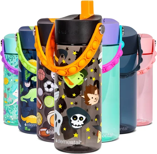 Vista 23 de Elemental Botellas de agua para niños – Botella de agua para niños Splash para la escuela con mango Pop-it – Botella de agua de plástico Tritan sin