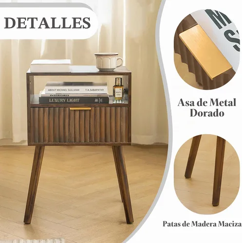 Vista 4 de Fultyle Mesita de noche pequeña, mesita de noche de madera con cajón acanalado y estante Marrón rústico