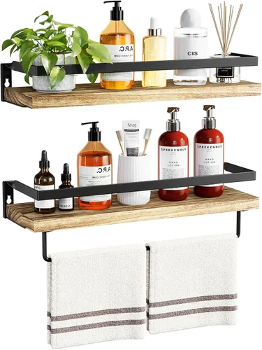 Vista 8 de AMADA HOMEFURNISHING AMFS01B - Estantes de baño con toallero, estantes flotantes, estantes de pared para baño/sala de estar/cocina/dormitorio