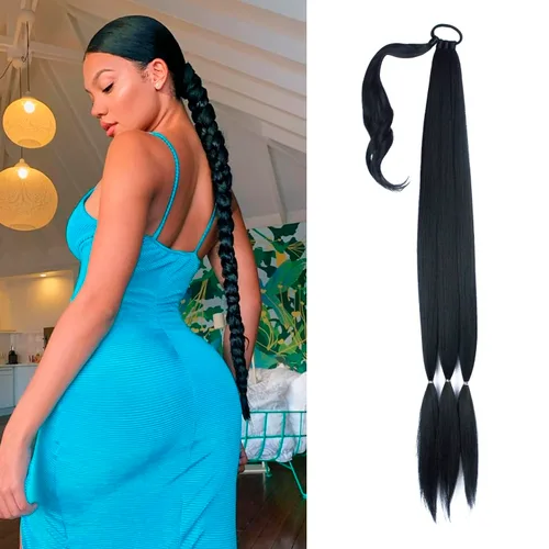 Vista 36 de Paquete de 2 extensiones de cola de caballo trenzada con lazo elástico, lacio, elegante envolvente, extensiones de cola de caballo de 26 pulgadas