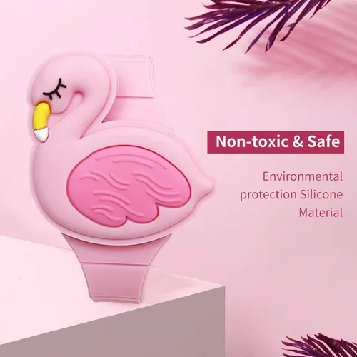 Vista 2 de Reloj de aprendizaje para niñas pequeñas de 3 a 8 años, 3D lindo diseño de caricatura de flamenco rosa con diseño de concha para niños, reloj