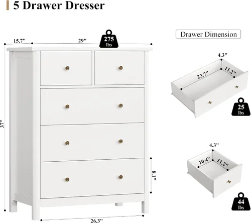Vista 3 de HOUSUIT Cómoda blanca con 5 cajones, cómoda alta, cómoda de 5 cajones con espacio profundo, armario de almacenamiento de madera para sala de estar