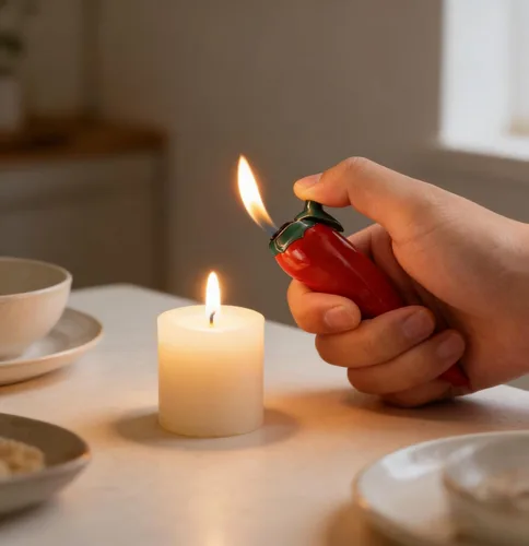 Vista 4 de Paquete de 2 antorchas con forma de chile, rojo y verde, encendedores de butano, llama de chorro ajustable a prueba de viento, recargable, cocina 422