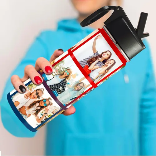 Vista 7 de Botella de agua personalizada con foto y pajita, 18 oz/32 oz, botella de agua deportiva de acero inoxidable personalizada con 1-9 imágenes, nombre
