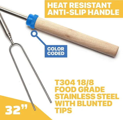 Vista 2 de MalloMe Smores Sticks para hoguera larga – Kit de palos para asar malvaviscos – Pinchos Smore Pinchos Hot Dog Tenedor Camphoguera Equipo de Cocina