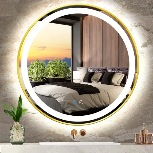 Vista 10 de Espejo de tocador redondo dorado con luces, luz frontal regulable de 3 colores, marco dorado de 16 pulgadas, espejo redondo iluminado para baño