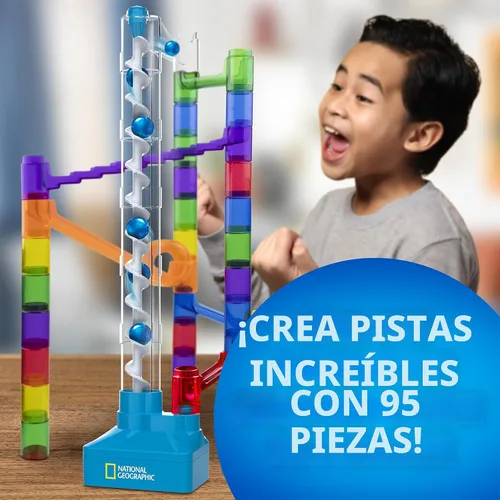 Vista 4 de National Geographic Marble Run con Elevador Motorizado, kit de laberinto de canicas de 95 piezas con elevación en espiral motorizada, 20 canicas