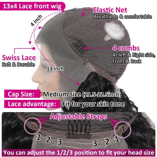 Vista 5 de Peluca de cabello humano con malla frontal sin pegamento, con ondulado profundo y textura húmeda, encaje frontal transparente, premarcadas