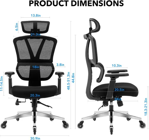 Vista 3 de Silla ergonómica de oficina con respaldo alto Ruedas de hoja rodante Silla de malla para ejecutivos, asistentes a la oficina, trabajo desde