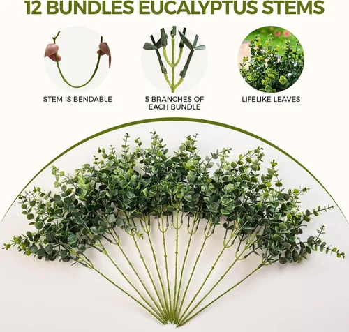 Vista 3 de Tallos de eucalipto, ramas de hojas de eucalipto artificiales, 12 paquetes de plantas artificiales para el hogar, oficina, ramo de flores, centro
