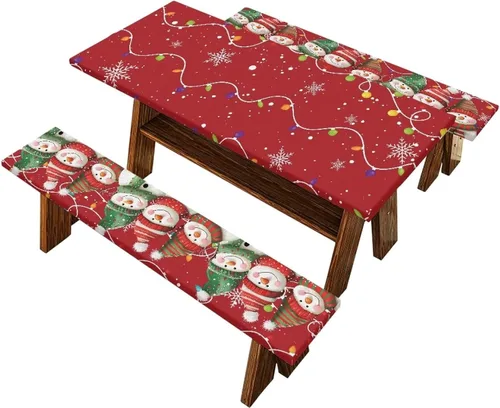 Vista 27 de Juego de 3 calcetines de árbol de Navidad de dibujos animados y galletas, funda de mesa de picnic ajustable con funda de banco, manteles Calcetines