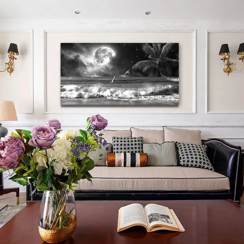 Vista 4 de Yxbhhym Arte de Pared Grande en Blanco y Negro de Playa Impresión en Lienzo Arte de Luna Océano Cuadros Pinturas del Mar Póster de Paisaje Marino