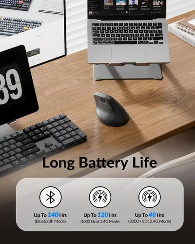 Vista 5 de Keychron M5 8K Ratón Ergonómico Vertical Inalámbrico, 2.4 GHz/Bluetooth 5.3/Ratones con Cable para Computadora Recargables, 5 Niveles Hasta 30K DPI