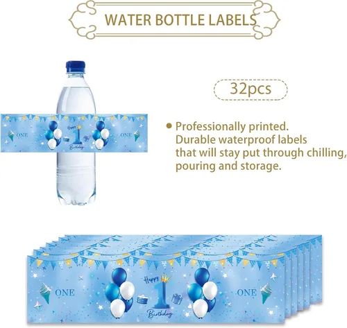Vista 2 de 32 etiquetas azules para botellas de agua de primer cumpleaños, globos azules con purpurina para cumpleaños de un año, etiquetas para botellas