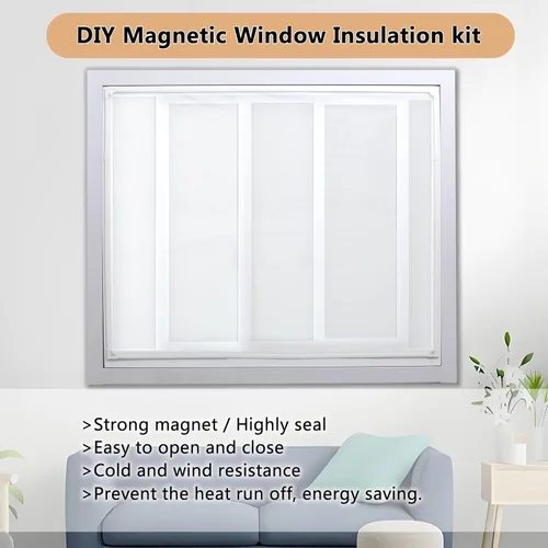 Vista 2 de Kit de aislamiento magnético para ventanas de bricolaje, película de película helada con marco blanco, tamaño máximo de 47" x 51", se adapta a