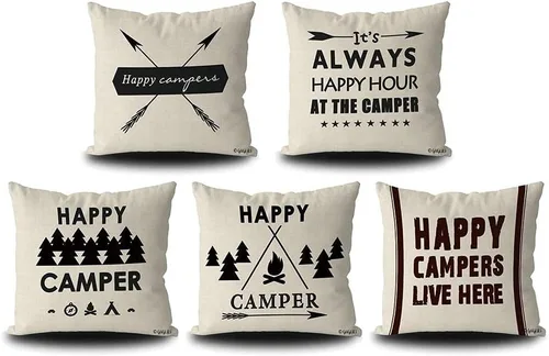 Vista 7 de Retro feliz Camper Live Here Funda de almohada decorativa de lino y algodón, funda de almohada de fuente antigua, accesorios de camper