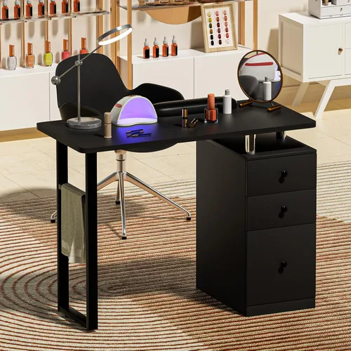 Vista 2 de Nail Tech - Mesa de manicura profesional para uñas resistente a acetona, mesa de manicura para uñas con cajones (negro)