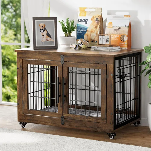 Vista 22 de YaFiti Mueble de jaula para perros con cojín, perrera de madera para interiores con puertas dobles, jaula para perros con ruedas, mesa auxiliar