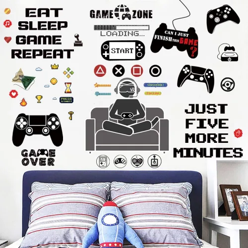 Vista 4 de 48 piezas creativas de decoración de sala de videojuegos, excelente en accesorios y carteles para dormitorio de niños, calcomanías de pared