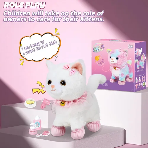 Vista 4 de Jimate Juguete electrónico interactivo de peluche robot que camina y ladra, gato de peluche con control remoto para niñas (gato blanco)