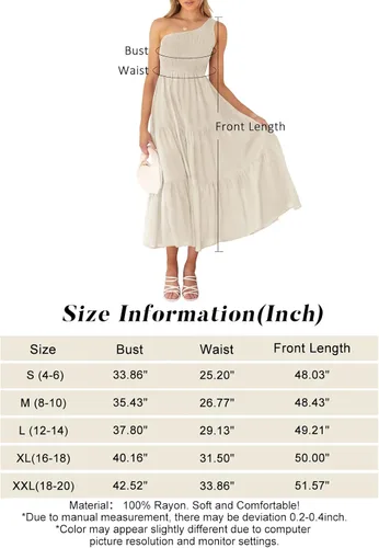 Vista 5 de ZCSIA - Vestido de verano bohemio para mujer, con un hombro descubierto, sin mangas, unicolor, largo debajo de la rodilla y con holanes escalonados
