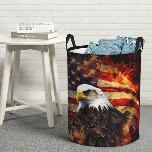 Vista 8 de American Flag Fire Eagle print Circular Hamper Waterproof Storage Bin Organizer Basket Laundry Hamper With Handles For Clothes Toys Small