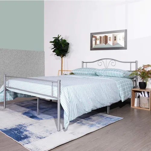 Vista 16 de Cabecero de cama de metal resistente para cama individual, estructura de acero, revestimiento de plata, estilo retro, sin necesidad