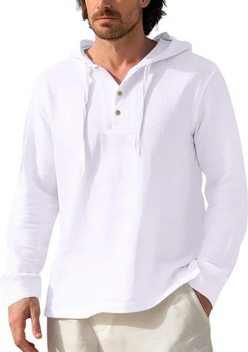 Vista 10 de Sudaderas con capucha de algodón y lino para hombre, manga larga, cuello en V, con botones, con capucha, protección solar, ligera, para la playa
