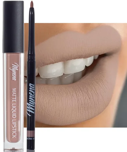 Vista 10 de Mynena Combo de lápiz labial negro azabache de larga duración con delineador de labios Resistente al agua y a prueba de transferencia, cómodo e