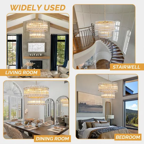 Vista 8 de TOCHIC Candelabro de cristal dorado de 6 luces, lámpara moderna de granja de 2 niveles para comedor, lámpara colgante para sala de estar