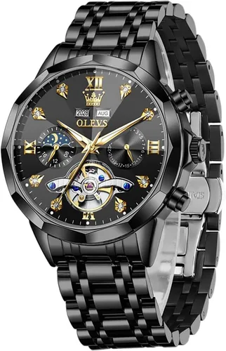 Vista 7 de OLEVS - Reloj Automático de Lujo para Hombre con Diamante, Automático, Multifuncional, Calendario, de Acero Inoxidable, Impermeable, Luminoso