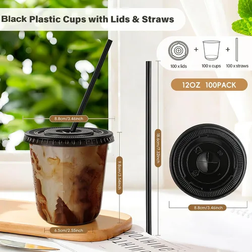 Vista 2 de tchrules Juego de 100 vasos de plástico negro de 12 onzas con tapas y pajitas, taza de café helado desechable con tapa, parte inferior redonda
