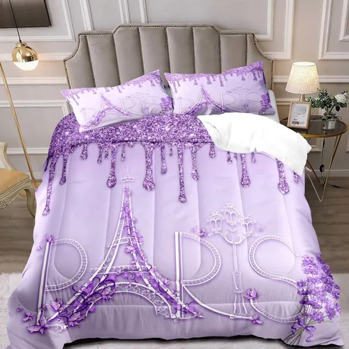 Vista 11 de LUVIVIHOME Juego de edredón de París de 2 piezas, tamaño individual, juego de ropa de cama de la Torre Eiffel francesa, juego de ropa de cama