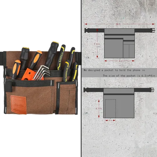 Vista 2 de VIDAR TOOLS Bolso de cinturón de herramientas de 6 bolsillos de un solo lado/cinturón utilitario/delantal de trabajo para carpintero y jardinero.