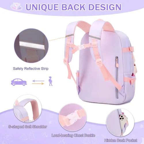 Vista 5 de Juego de mochila para niñas, mochila infantil para niñas, mochila escolar Kawaii Bunny para niña, jardín de infantes, primaria, preescolar, Púrpura