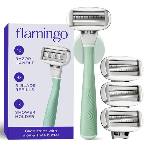 Vista 11 de Flamingo Juego de maquinilla de afeitar para mujer, mango de afeitar, 4 recambios de cuchillas de afeitar, soporte de ducha, cromado