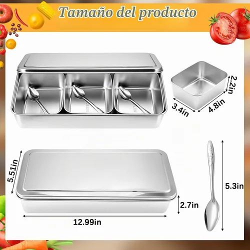 Vista 6 de Yakumi Pan & Masala Dabba, caja de condimentos de acero inoxidable 304 con 3 compartimentos, contenedor de condimentos con tapa y cucharas