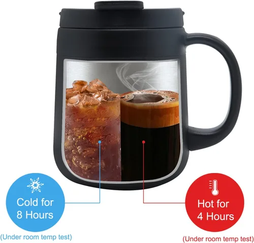 Vista 2 de Taza de café aislada de acero inoxidable de 11 oz / 330 ml con asa, vaso de doble pared con 2 tapas, color negro