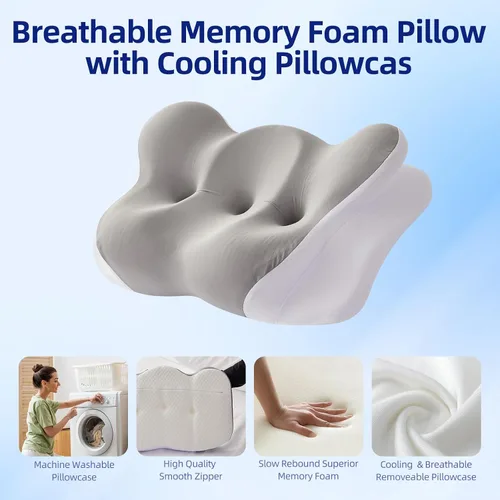 Vista 7 de FUNCCUBE Almohada cervical para el cuello – Almohadas de espuma viscoelástica para aliviar el dolor dormir con funda de almohada refrescante, Queen
