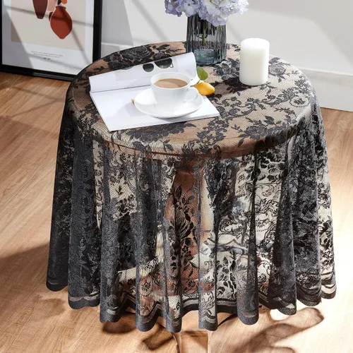 Vista 3 de Warm Home Designs Mantel redondo de 36 pulgadas con diseño de rosa inglesa para mesa auxiliar. LTC negro 36 pulgadas
