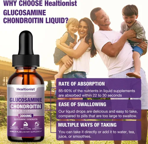 Vista 6 de 1 paquete de gotas líquidas de glucosamina condroitina MSM, suplemento de apoyo articular extra fuerte para adultos, hombres y mujeres, quercetina