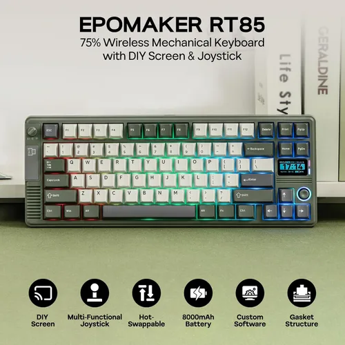 Vista 2 de EPOMAKER Teclado mecánico inalámbrico RT85 con joystick y pantalla de bricolaje, 8000mAh, BTUSB2.4Ghz, junta, rellenos de 5 capas, intercambio