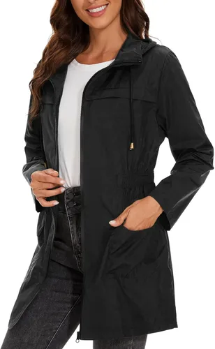 Vista 5 de Century Star Chaquetas de lluvia plegables impermeables para mujer con capucha, chaqueta cortavientos ligera