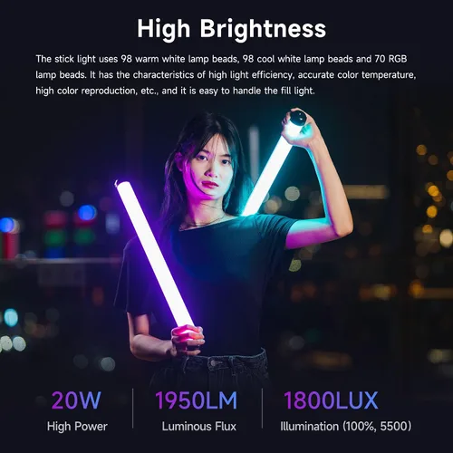 Vista 3 de VILTROX Paquete de 2 varitas de luz RGB grandes K60 con 2 mini trípode para fotografía