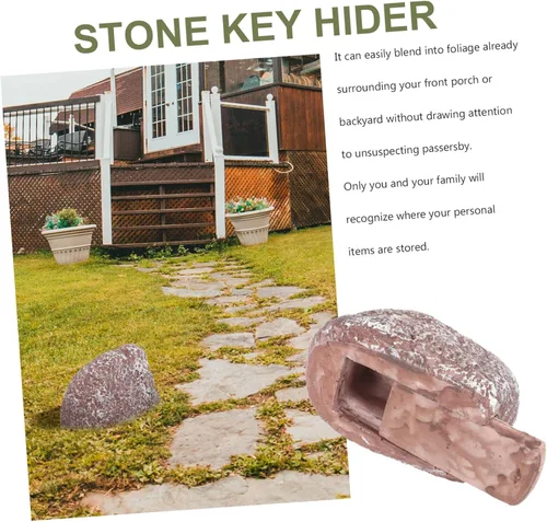 Vista 7 de Stone Key Hider - Diseño realista de roca para almacenamiento de llaves al aire libre para jardines y patios, material de resina confiable que