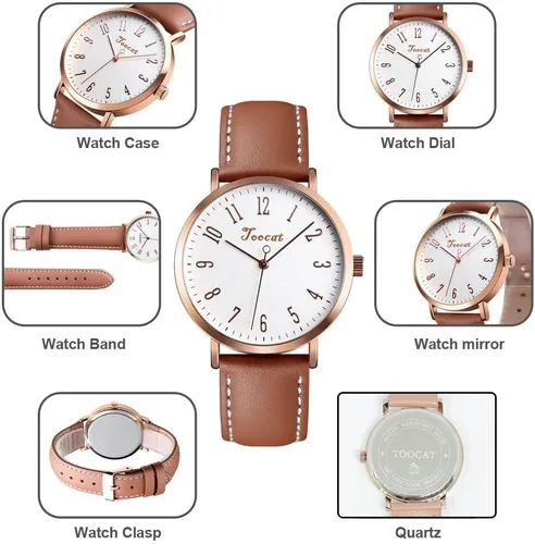 Vista 4 de TOOCAT Reloj de pulsera de moda para mujer, relojes de cuarzo de cuero simples, ultrafinos, impermeables, relojes analógicos para estudiantes
